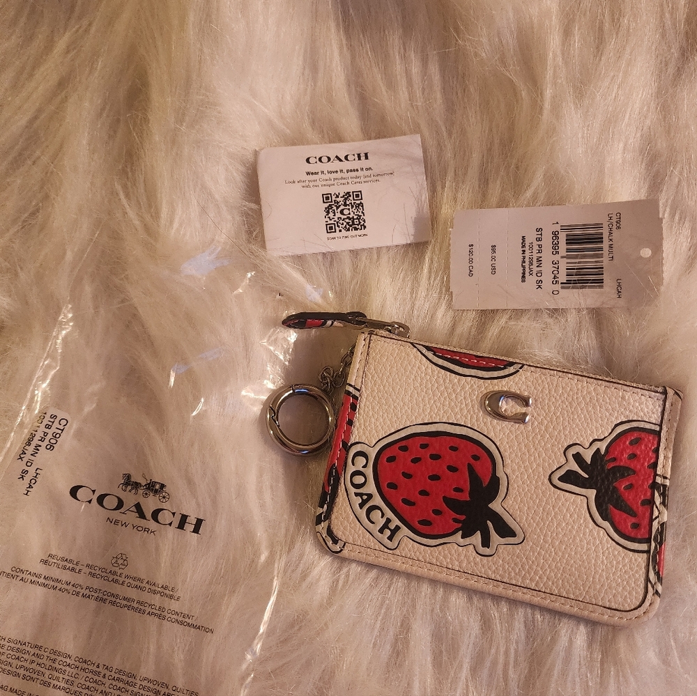 New Coach Skinny Mini Id Card Case Strawberry Leather Retail - Picture 2 of 3